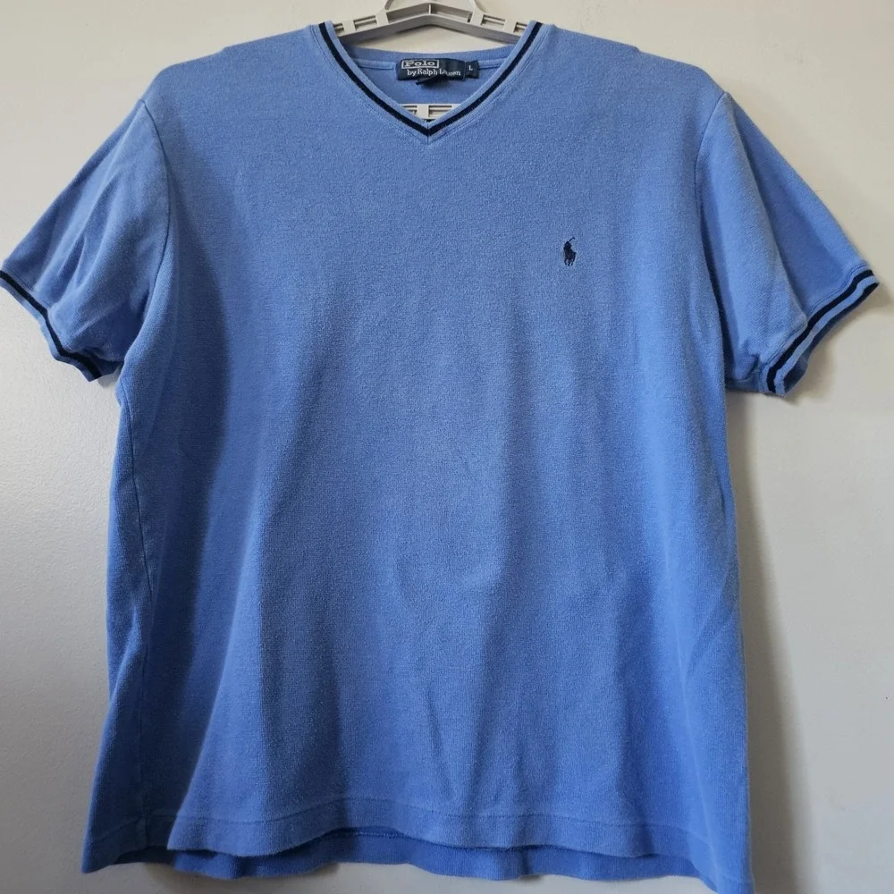 Polo Ralph Lauren V-Neck Sweater Men's Size Large Short Sleeve Shirt Blue Ringer